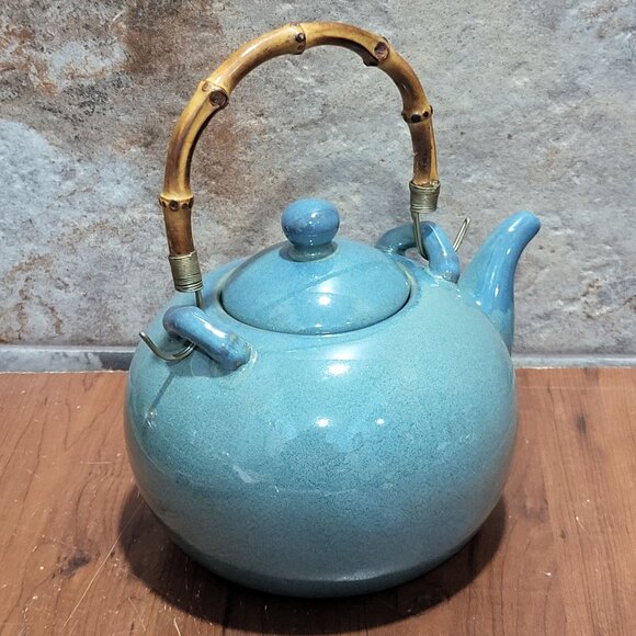 Linens and Things Zen Stoneware Teapot Green Bamboo Handle 6 Cups Capacity - Picture 5 of 16